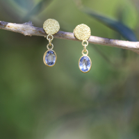 Textured Disc Sapphire Hanging Gold Earrings Image